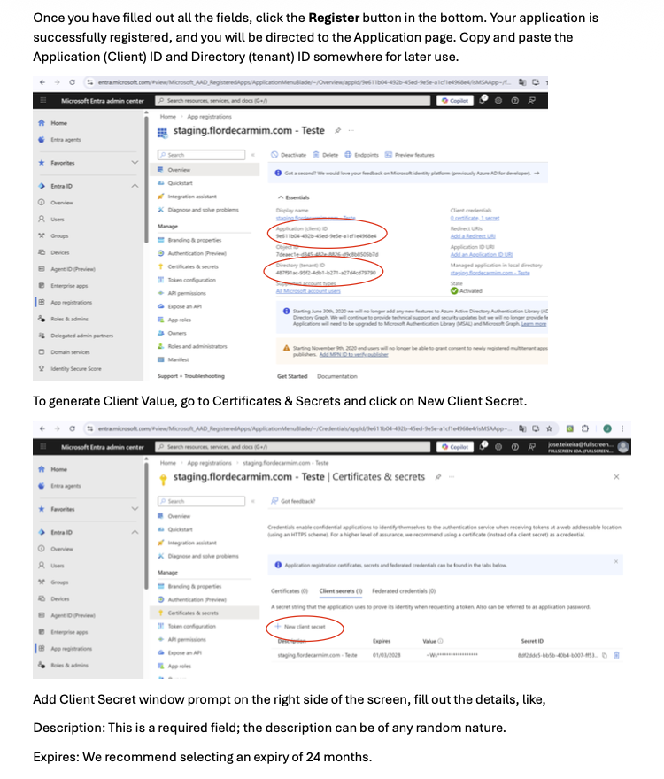 Step 2 of the Microsoft 365 setup with Client ID, Tenant ID and New Client Secret